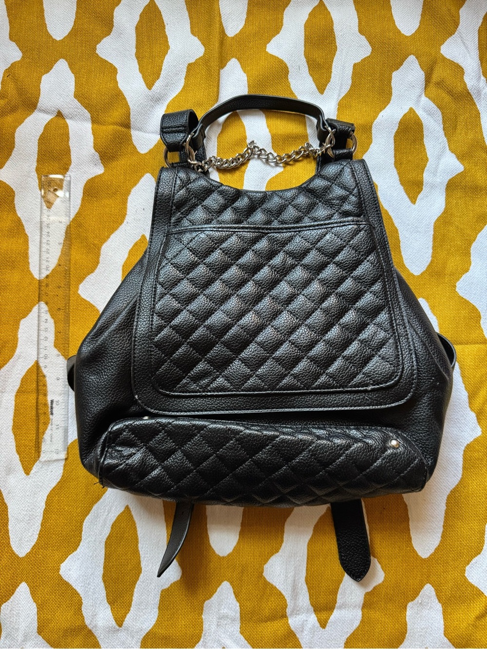 Steve Madden Black Quilted Leather Backpack with Chain Detail